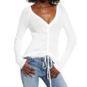 English Factory Ribbed Fitted Ruched Tie Sweater